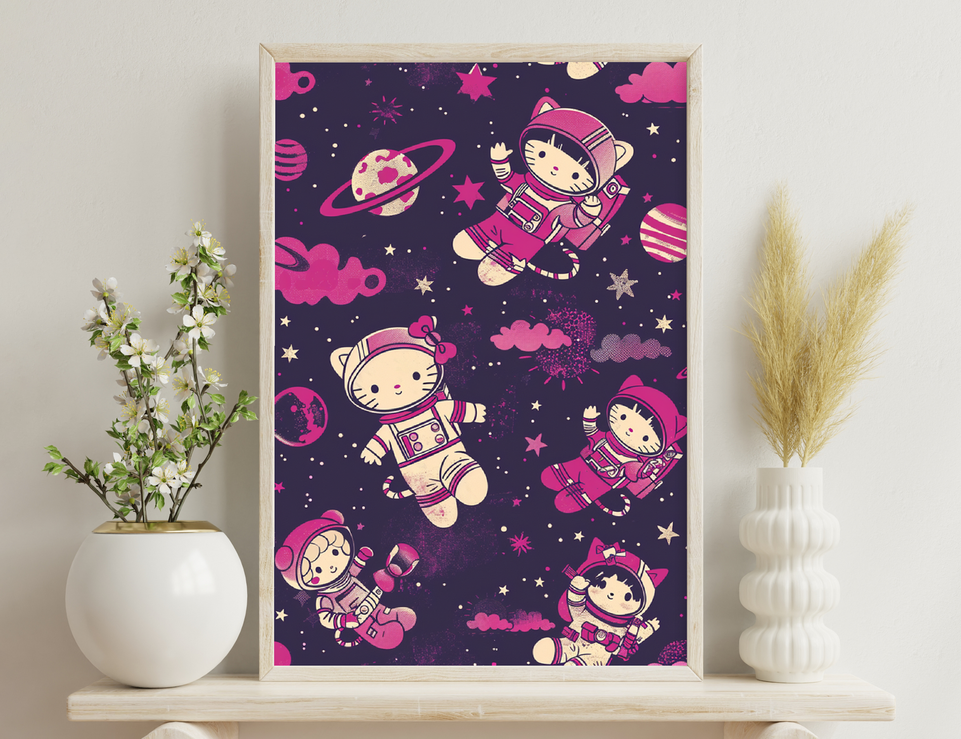 Cute cartoon cat astronauts in pink spacesuits floating in space among stars, planets, and clouds, depicting an imaginative cosmic adventure in a whimsical style.
