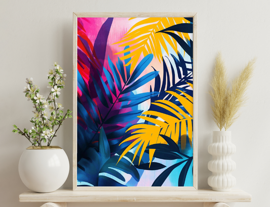Palm fronds with vibrant yellow, blue, pink and purple tones in an abstract tropical style pattern design.
