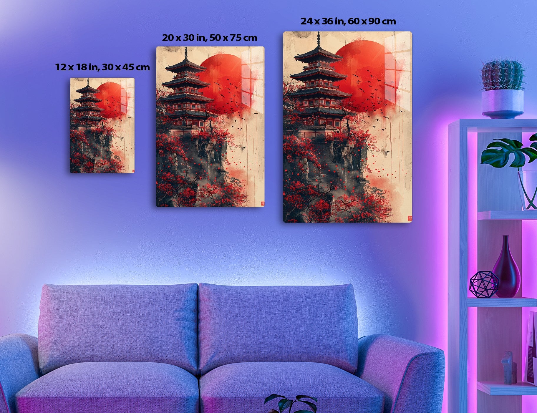 A Japanese pagoda tower surrounded by vibrant red foliage and birds flying across a large red sun, creating a dramatic and artistic scene blending traditional architecture with nature.
