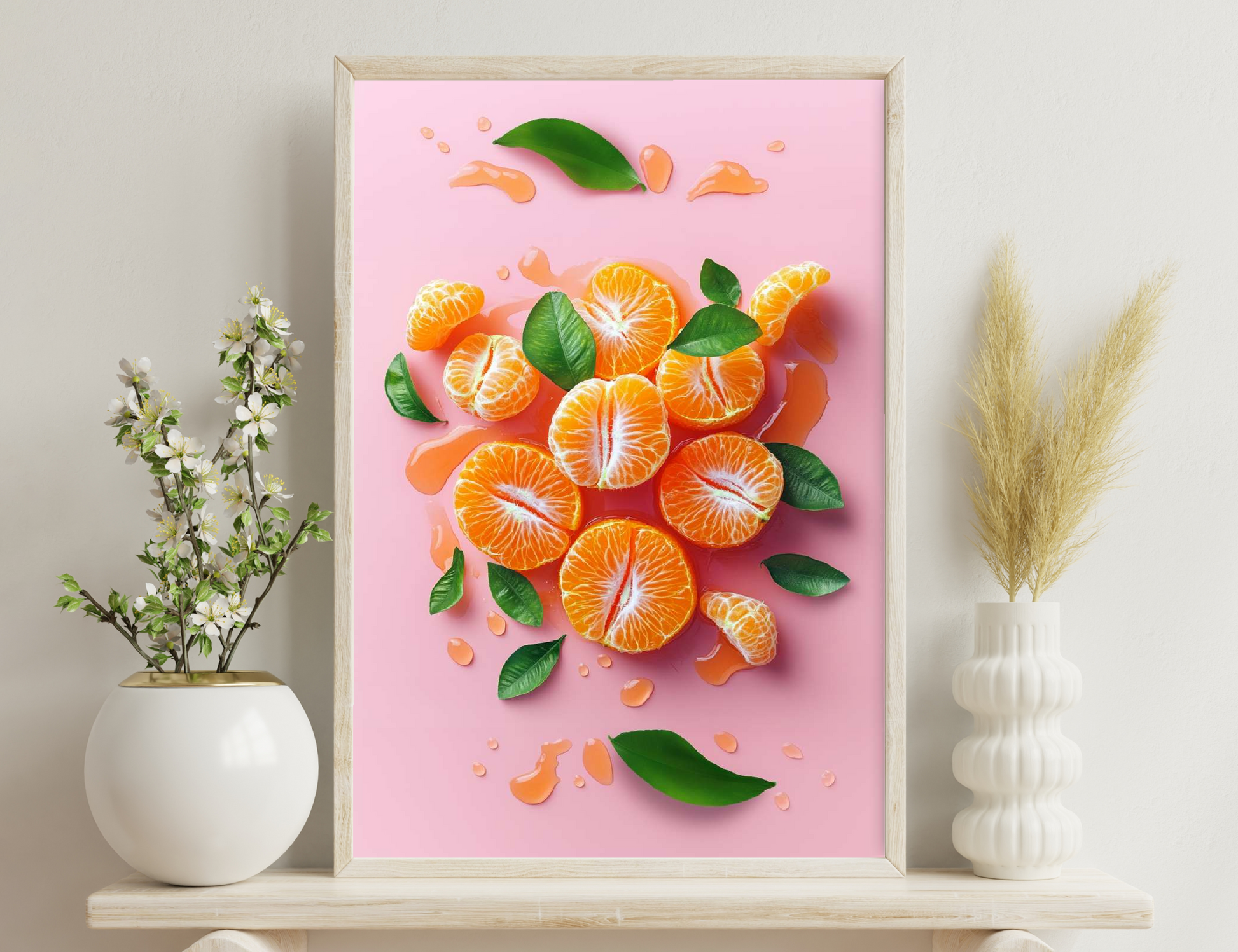 Fresh orange slices and peels scattered on pink background with green leaves, creating a vibrant and fruity composition.
