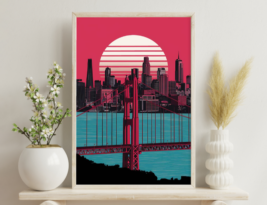 A stylized cityscape at sunset, featuring the iconic Golden Gate Bridge and skyline of San Francisco in shades of red, black and blue against a striped sun backdrop.
