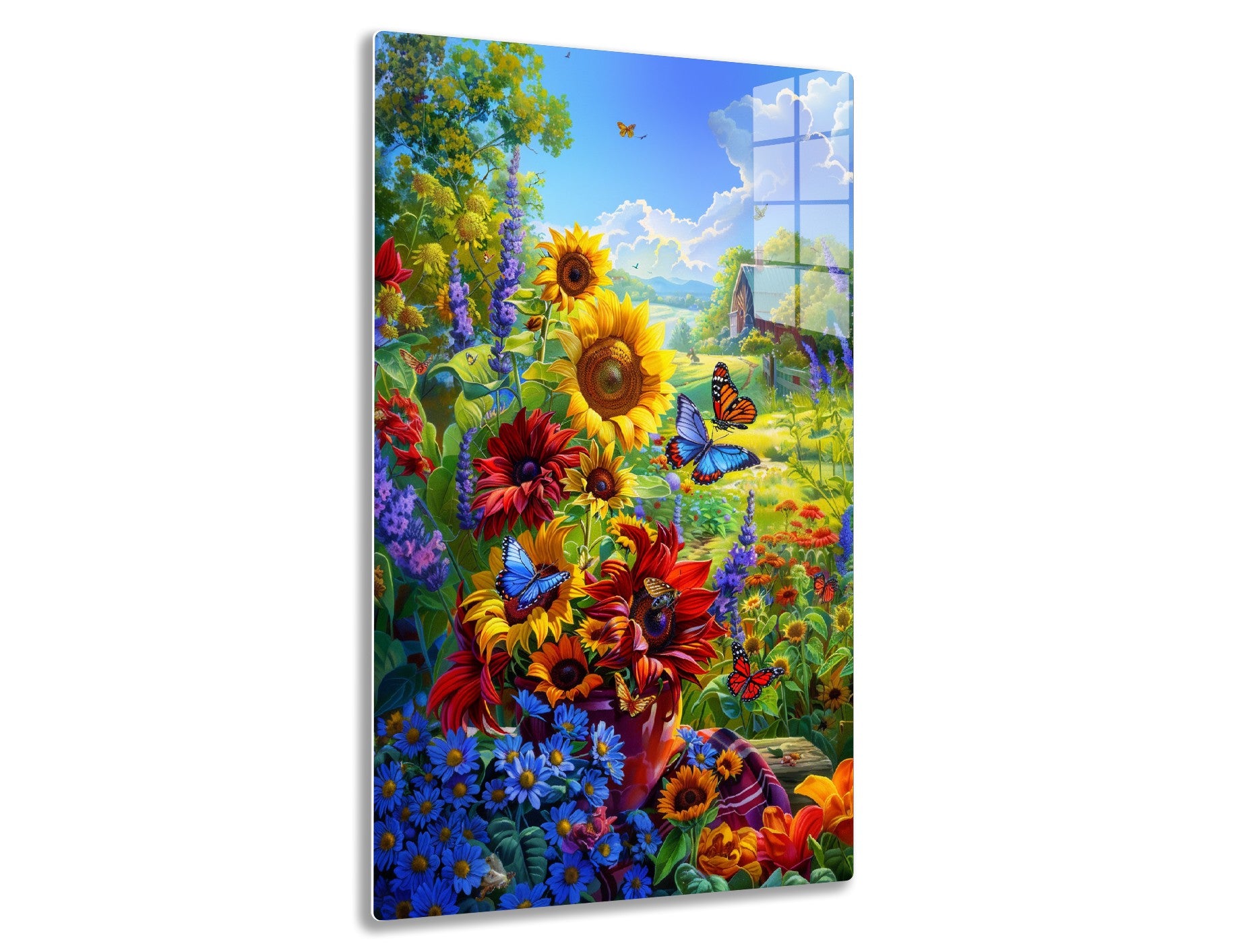 A vibrant meadow scene with sunflowers, daisies, and butterflies in the foreground, leading to a rustic barn and mountains in the distance under a blue cloudy sky.
