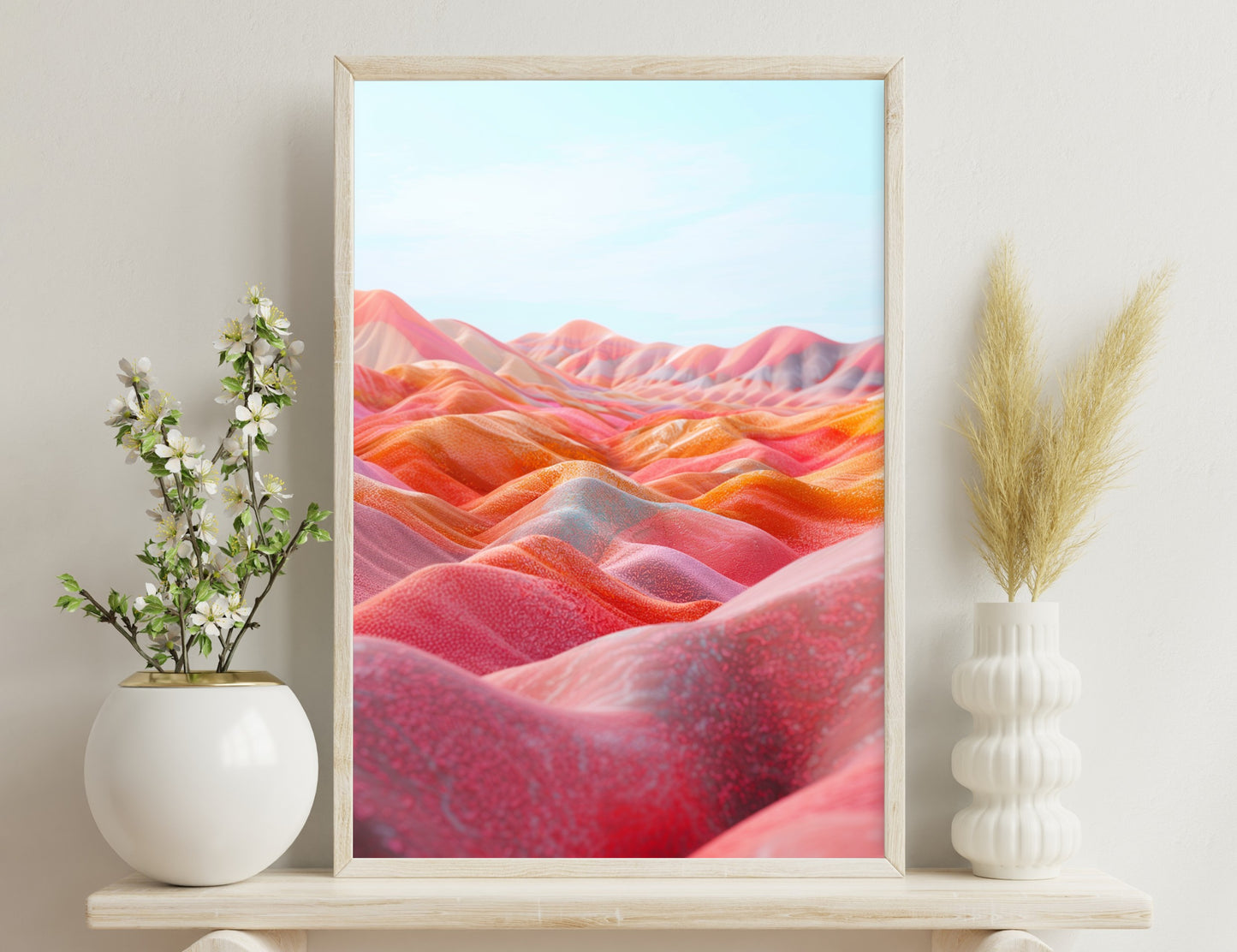 Vibrant pink, orange and yellow ridges of eroded sandstone formations under a blue sky, creating an undulating, wave-like pattern across the landscape.
