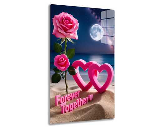 A rose with two intertwined pink hearts and the text "Forever Together" on a beach under a full moon and starry sky.
