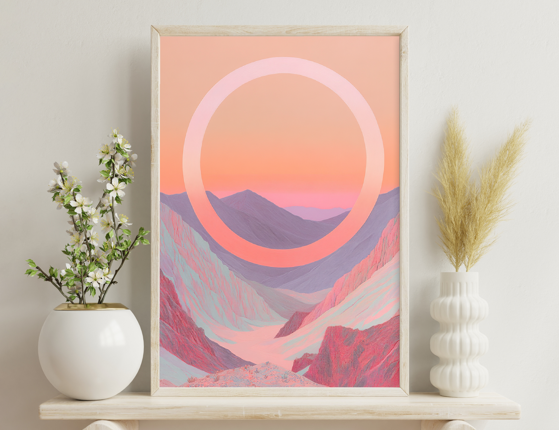 Abstract landscape with purple mountains, red canyons, and a large white circle framing a vivid orange sunset sky.
