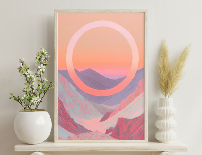 Abstract landscape with purple mountains, red canyons, and a large white circle framing a vivid orange sunset sky.
