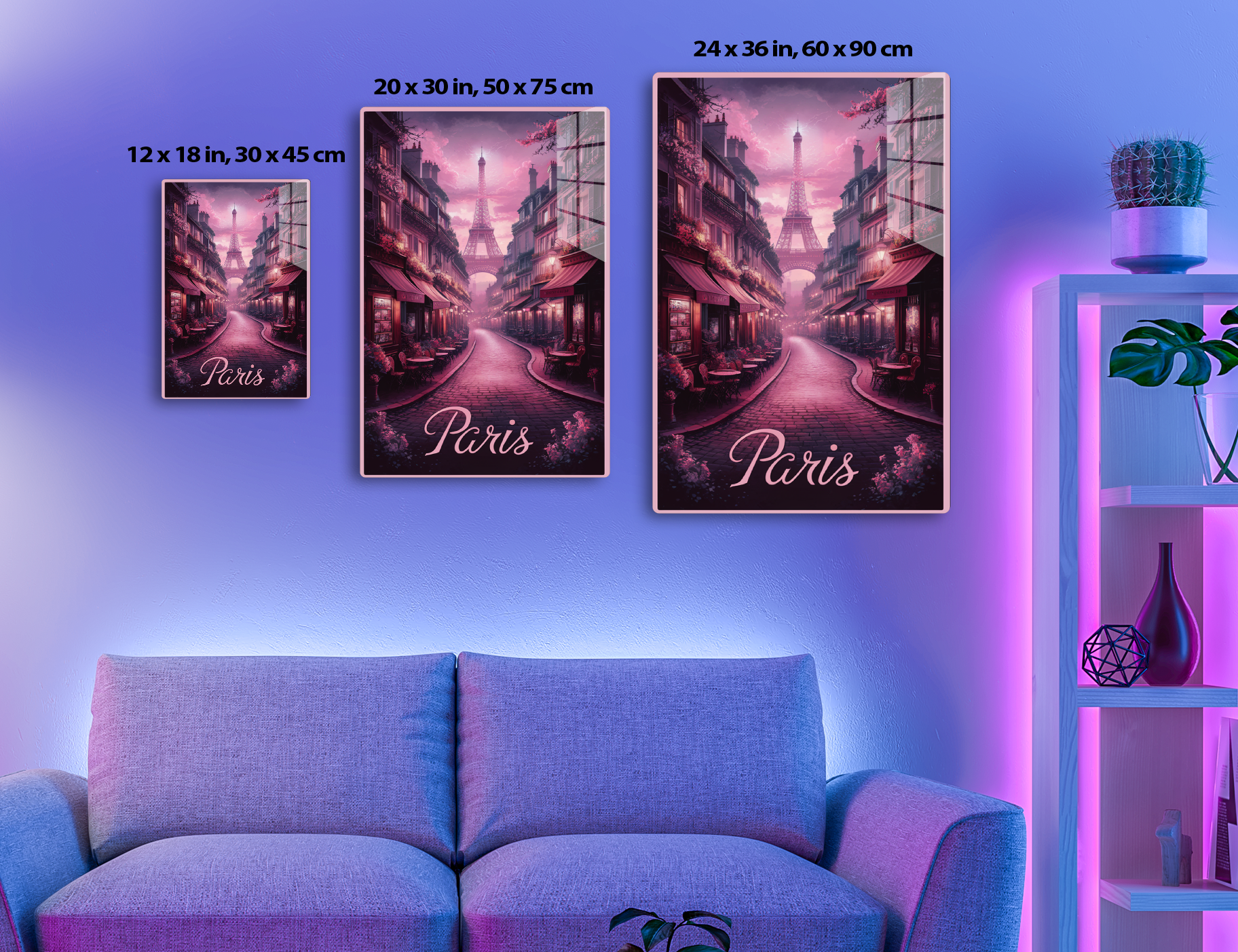 Paris street view with the Eiffel Tower in the distance, lined with quaint buildings, outdoor cafes, and blossoming trees in shades of pink creating a dreamy, romantic atmosphere.
