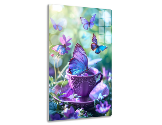 Vibrant blue and purple butterflies perched on a decorative purple teacup surrounded by flowers, creating a whimsical and dreamy scene.
