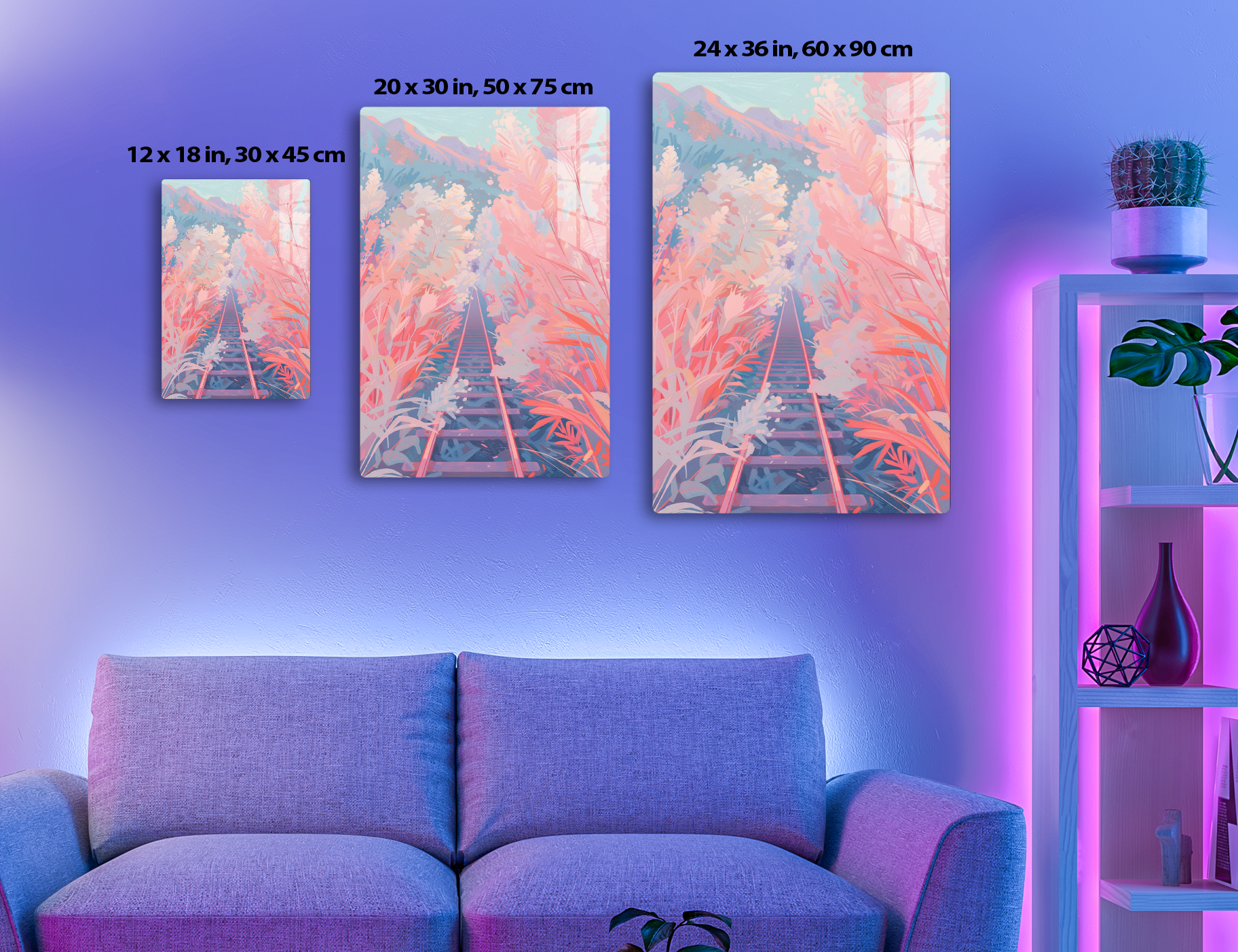 Railroad tracks leading through vibrant pink and purple foliage towards distant mountains under a cloudy sky.
