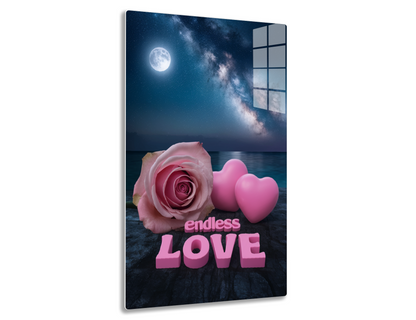 A full moon and Milky Way galaxy shine over a calm lake at night, with a pink rose, heart-shaped objects, and the text "endless LOVE" in the foreground, creating a romantic scene.
