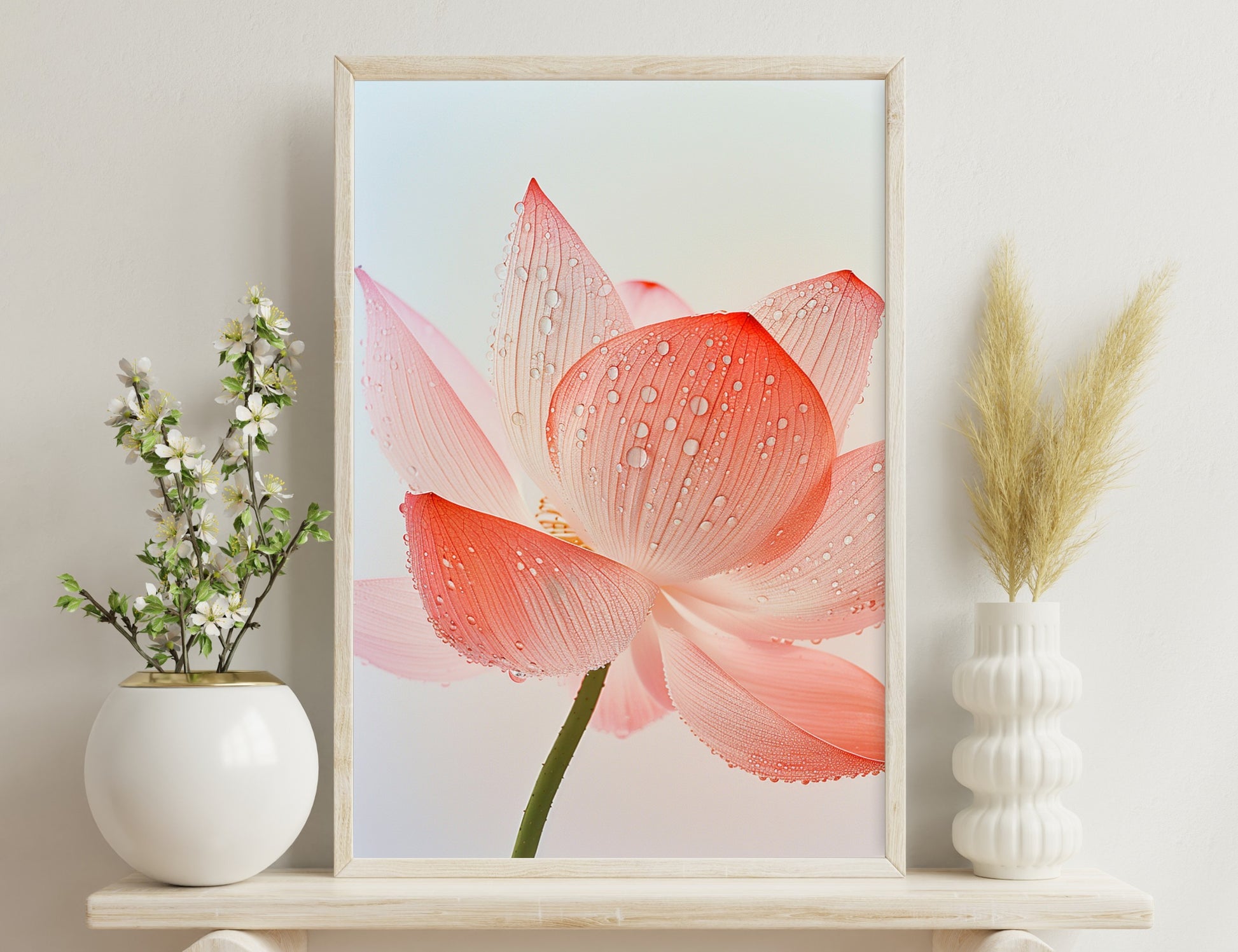 A close-up image of a pink amaryllis flower with delicate translucent petals covered in water droplets, against a soft white background.
