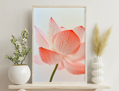 A close-up image of a pink amaryllis flower with delicate translucent petals covered in water droplets, against a soft white background.
