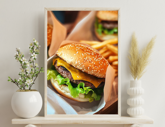 Delicious sesame burger with juicy beef patty, melted cheese, fresh lettuce and a golden bun, served with crispy french fries on the side.

