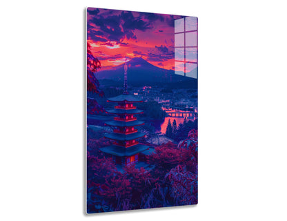 Stunning sunset view of Mount Fuji with a traditional Japanese pagoda, torii gate, and city skyline in the foreground, creating a mesmerizing blend of natural and urban landscapes.
