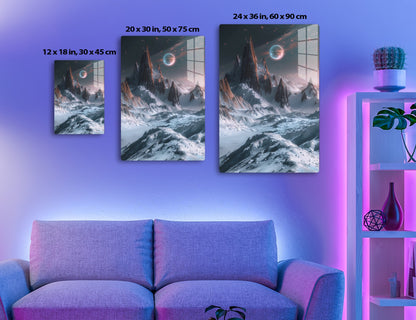 A surreal, alien landscape with towering snow-capped mountains and a glowing planet hanging in a star-filled night sky, creating an otherworldly and enigmatic scenery.
