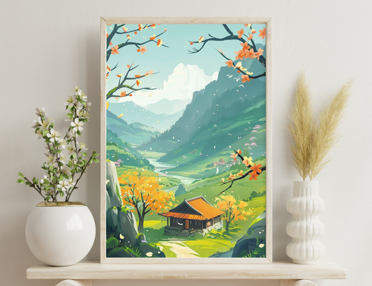 A serene mountain valley in springtime, with flowering trees in the foreground, a traditional wooden house nestled among vibrant green fields, towering mountains in the distance, and birds soaring through the cloudy sky.
