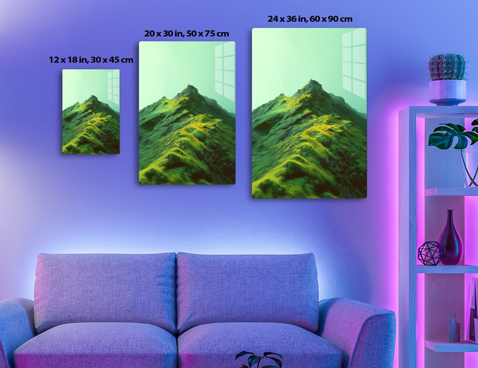 A dramatic landscape of a towering, ridged mountain peak with vibrant green and yellow contoured slopes against a soft mint sky.
