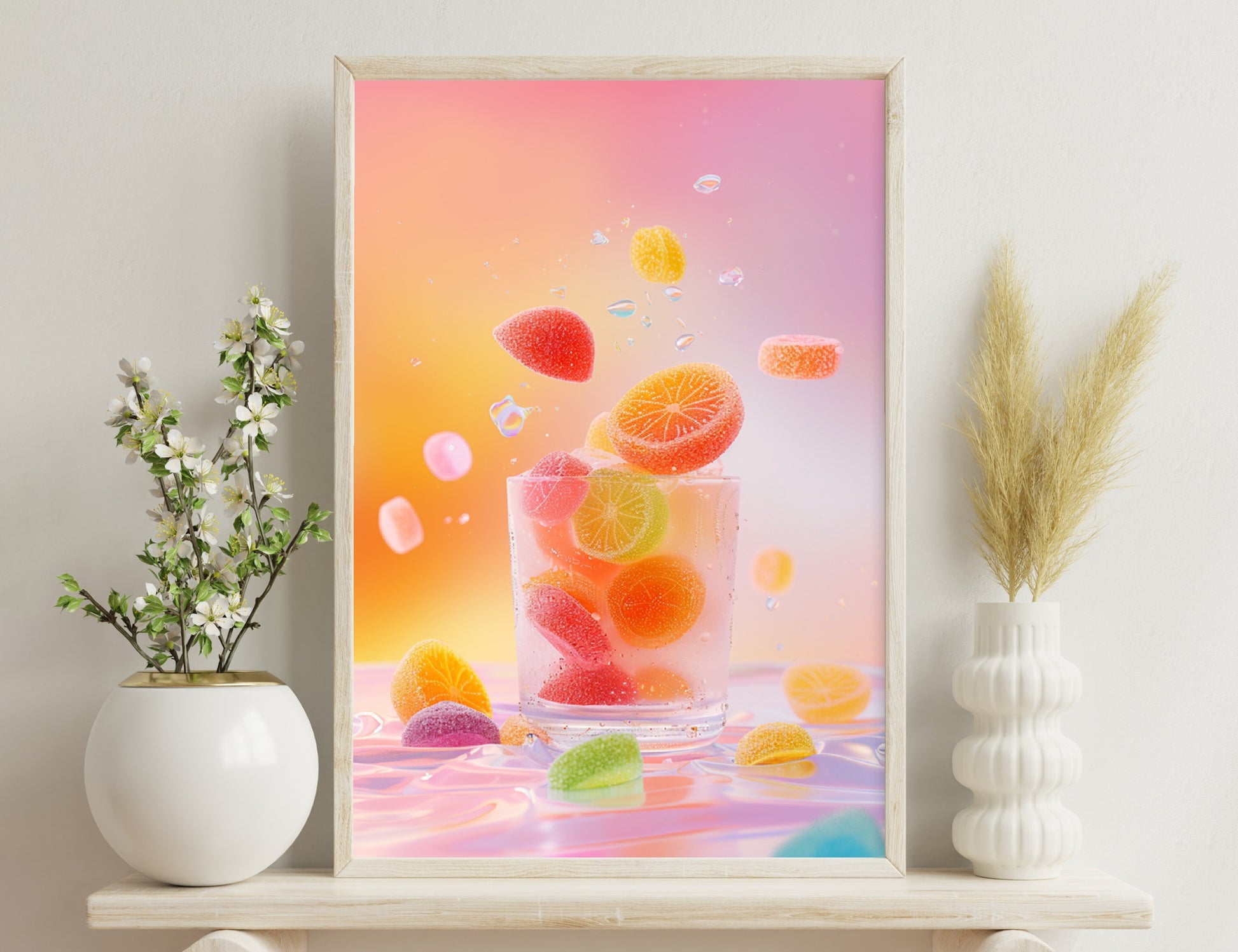 A glass filled with slices of colorful citrus fruits like oranges, grapefruits, and lemons, surrounded by flying juice droplets and sliced citrus pieces on a vibrant gradient background.
