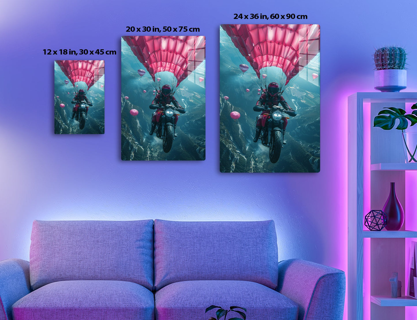 A daring motorcyclist rides a bike amidst vibrant pink hot air balloons in the sky, creating a surreal and adventurous scene against a backdrop of rugged terrain below.
