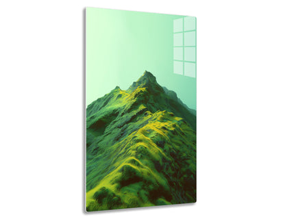 A dramatic landscape of a towering, ridged mountain peak with vibrant green and yellow contoured slopes against a soft mint sky.
