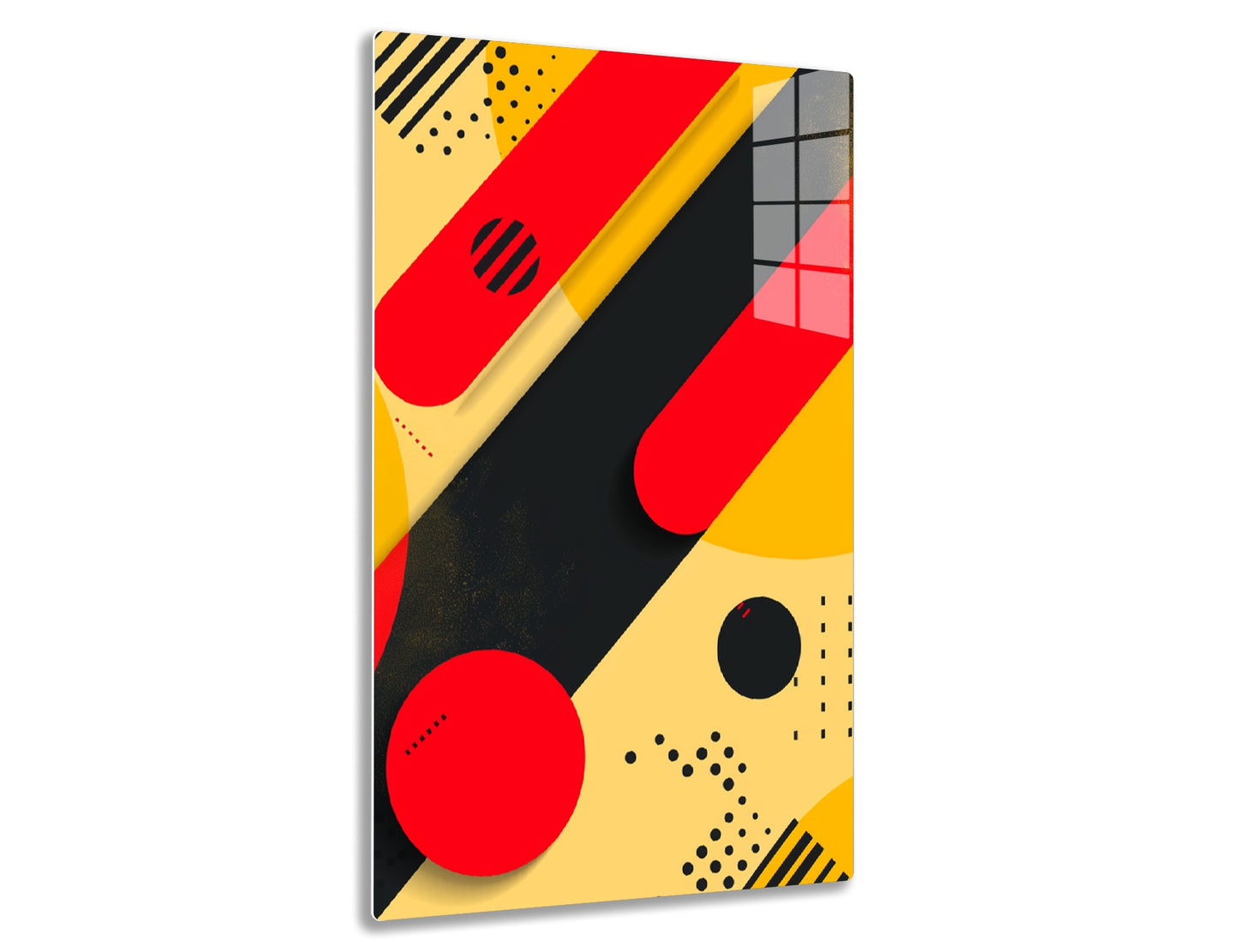Abstract geometric shapes and patterns in red, black, yellow and beige colors, reminiscent of retro or constructivist art style.
