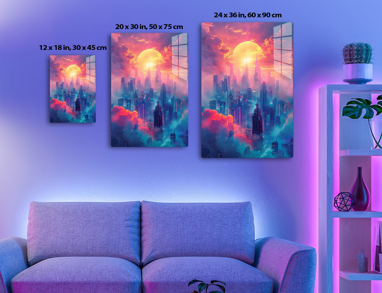 A futuristic cityscape at sunset, with towering skyscrapers silhouetted against a massive, glowing sun amidst vibrant pink and blue clouds, depicting an imaginary, cyberpunk-inspired urban landscape.
