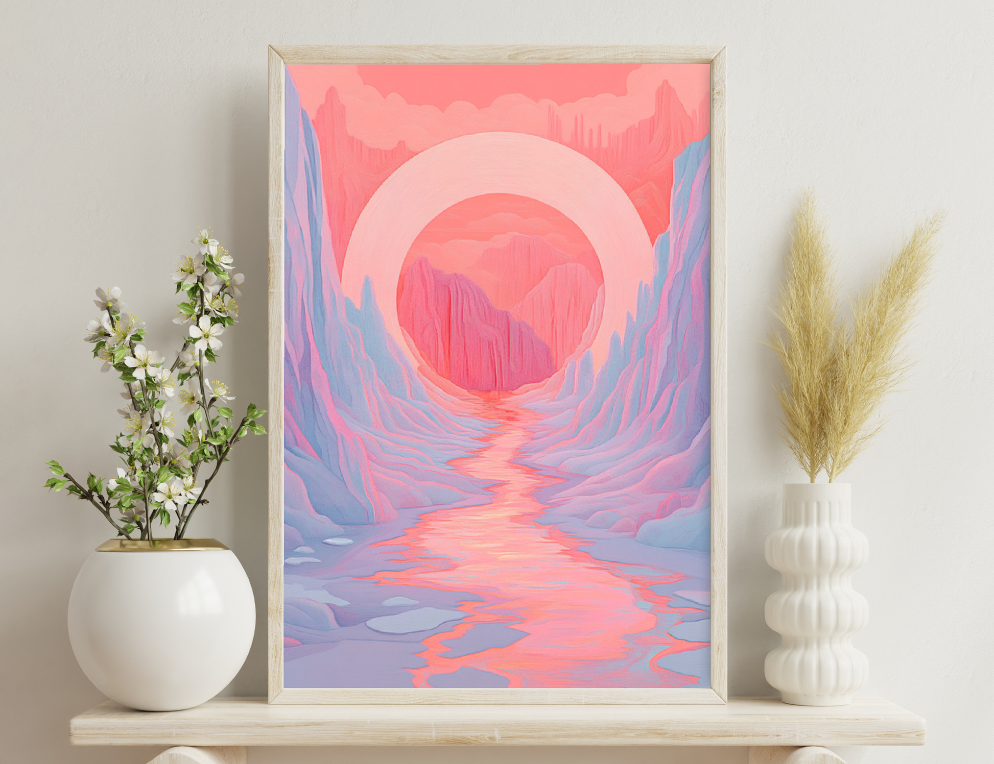 An abstract digital illustration depicting a canyon or tunnel-like passage with vibrant pink and coral hues, arched rock formations, and a winding stream or river reflecting the warm colors of the environment.
