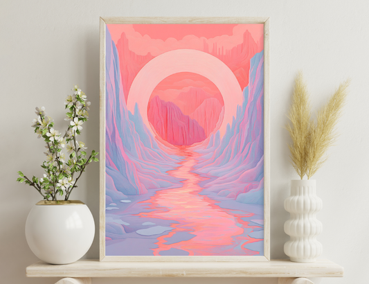 An abstract digital illustration depicting a canyon or tunnel-like passage with vibrant pink and coral hues, arched rock formations, and a winding stream or river reflecting the warm colors of the environment.
