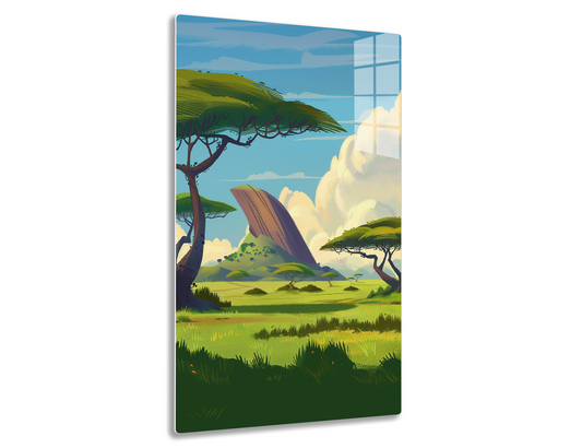 A scenic landscape with umbrella-shaped acacia trees, rolling green hills, a towering rocky formation, and clouds in a blue sky - a vibrant and inviting depiction of the African savanna.

