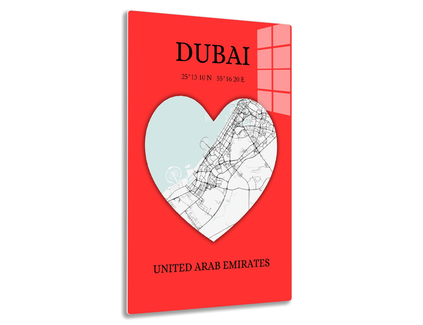 Map of Dubai in the shape of a heart on a red background with city name, geographic coordinates, and country name shown.
