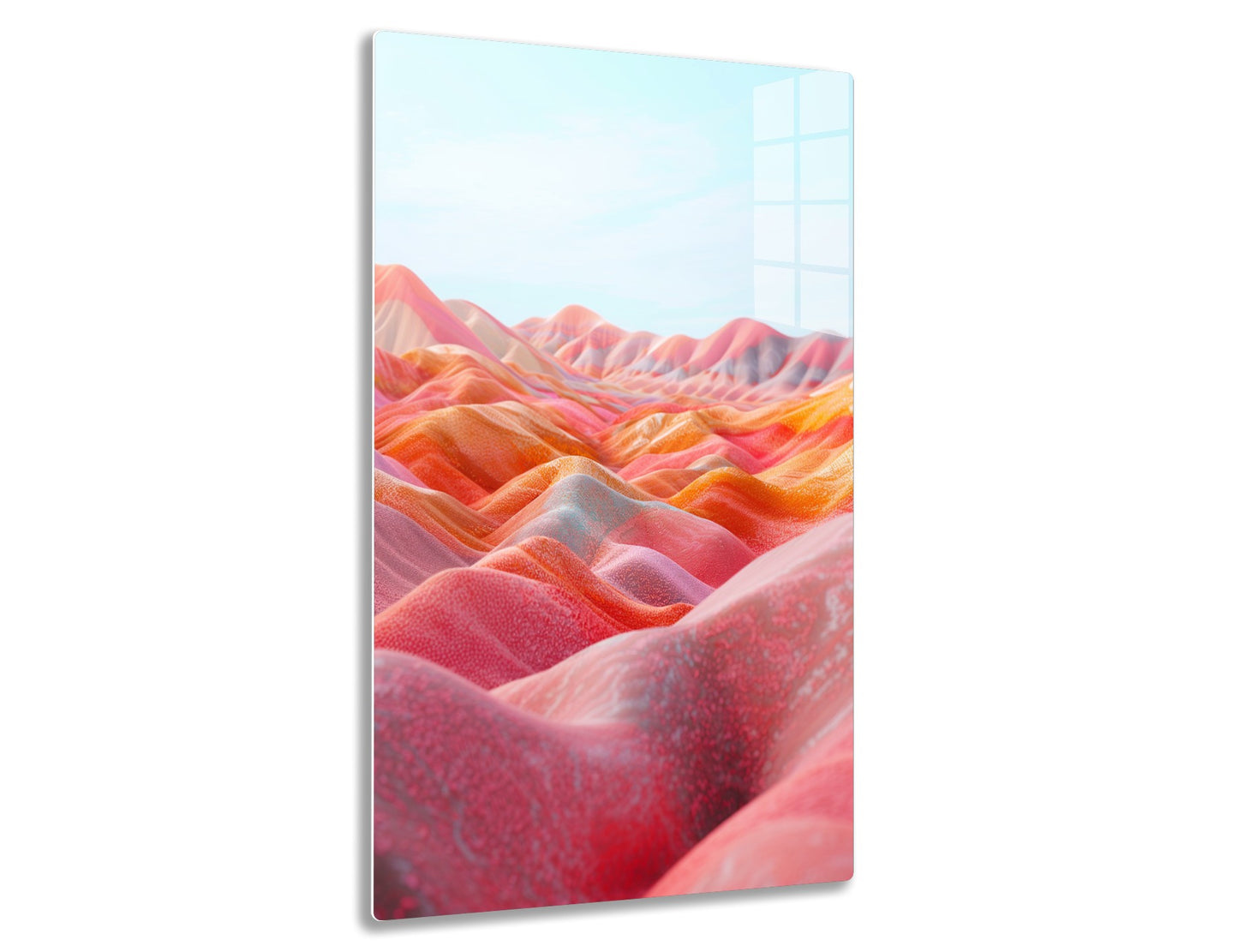 A breathtaking landscape of undulating hills and ridges in vibrant shades of orange, pink, and red, creating an abstract and otherworldly scene reminiscent of eroded, colorful geological formations.
