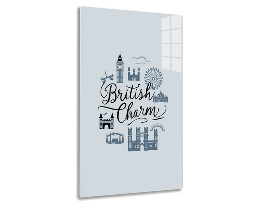 An illustrated design featuring iconic British landmarks like Big Ben clock tower, the London Eye, castles, and row houses, with the text "British Charm" in calligraphic style.

