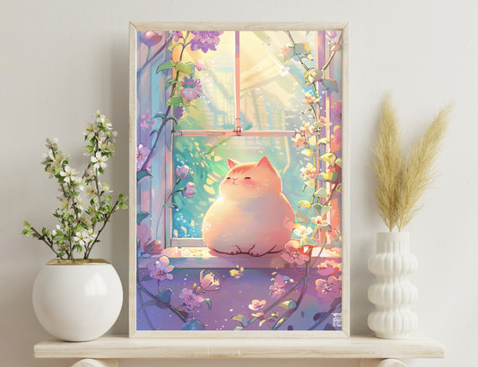 A plump orange cat napping contentedly on a windowsill surrounded by vibrant flowers and greenery, bathed in warm light filtering through the window.
