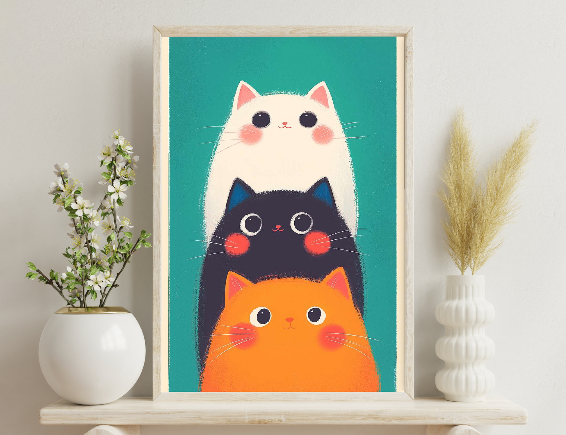 Three stylized cat faces stacked on top of each other - white on top, black in the middle, and orange at the bottom - against a teal blue background.
