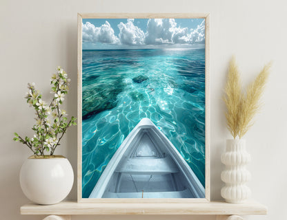 A boat's bow points towards crystal clear turquoise waters, revealing the sea floor patterns beneath the surface, under a cloudy sky with sunrays peeking through.
