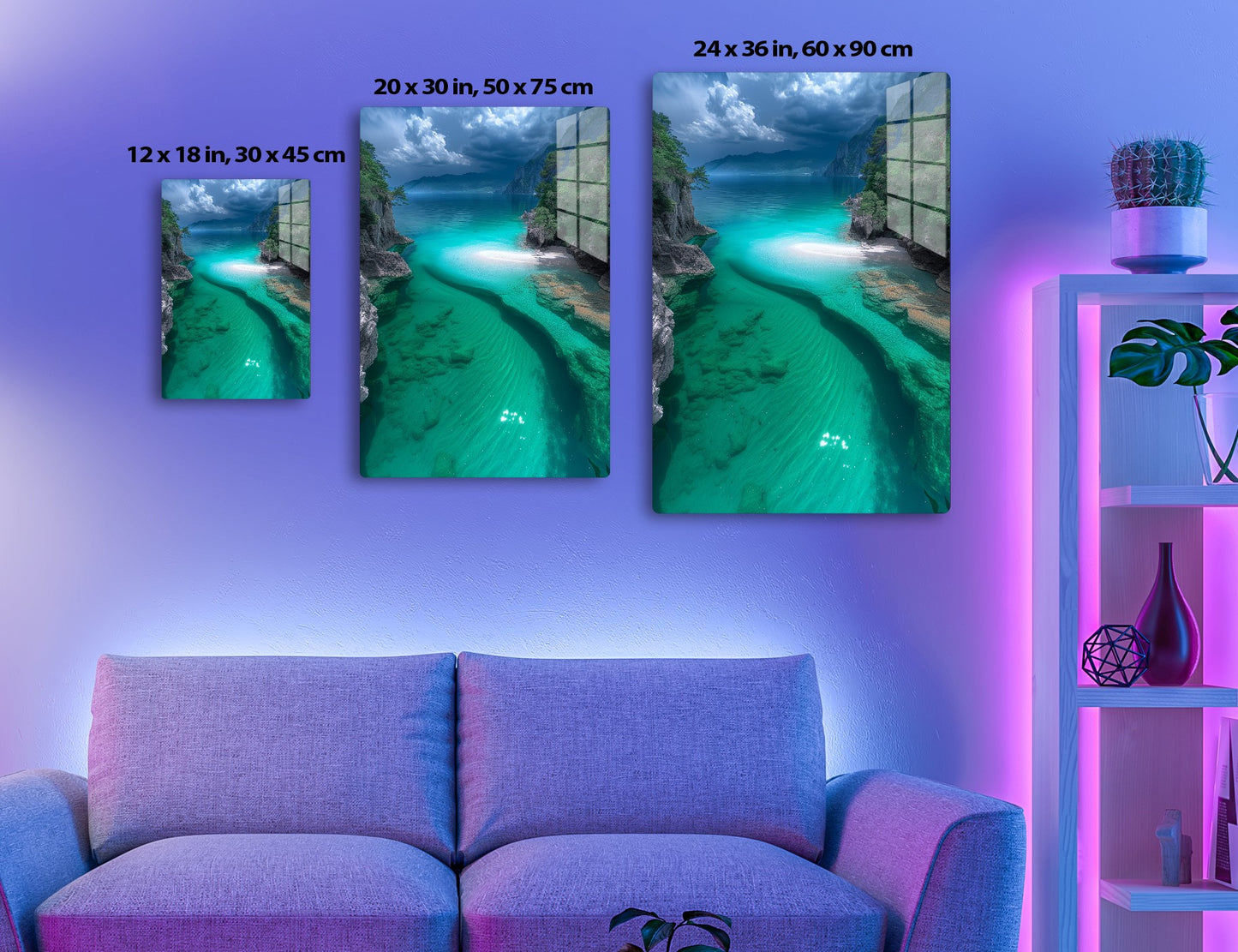 Breathtaking turquoise lake surrounded by towering mountains and rocky cliffs, with a small sandy beach in the foreground under stormy skies.
