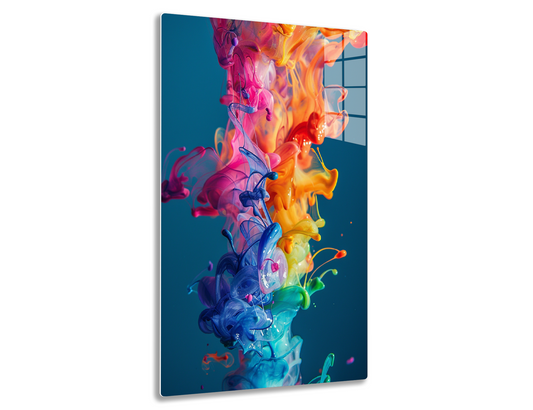 Colorful swirling abstract shapes resembling smoke or ink in water with vibrant hues of pink, orange, blue, and green against a deep blue background.
