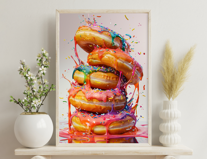 A stack of glazed donuts dripping with colorful icing and sprinkles, creating a vibrant and dynamic composition.
