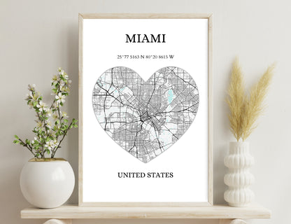 Map of Miami city streets in a heart shape, with latitude and longitude coordinates shown.

