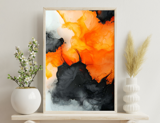 An abstract image featuring vibrant swirls of orange, yellow and black hues resembling smoke or liquid movements, creating an ethereal and dynamic composition.
