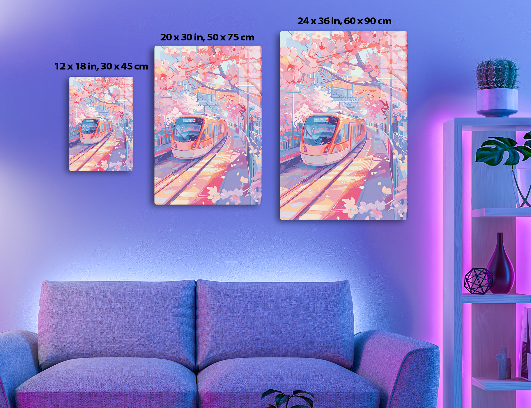 Train on elevated tracks amid cherry blossom trees in full bloom, creating a vibrant and picturesque scene of urban transportation surrounded by the beauty of nature.
