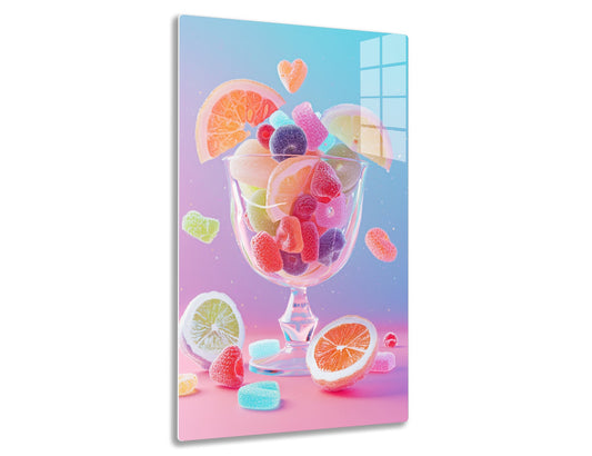 A glass bowl filled with colorful gummy candies in various fruity shapes, including orange slices, raspberries, and gummy hearts, against a soft pastel background.
