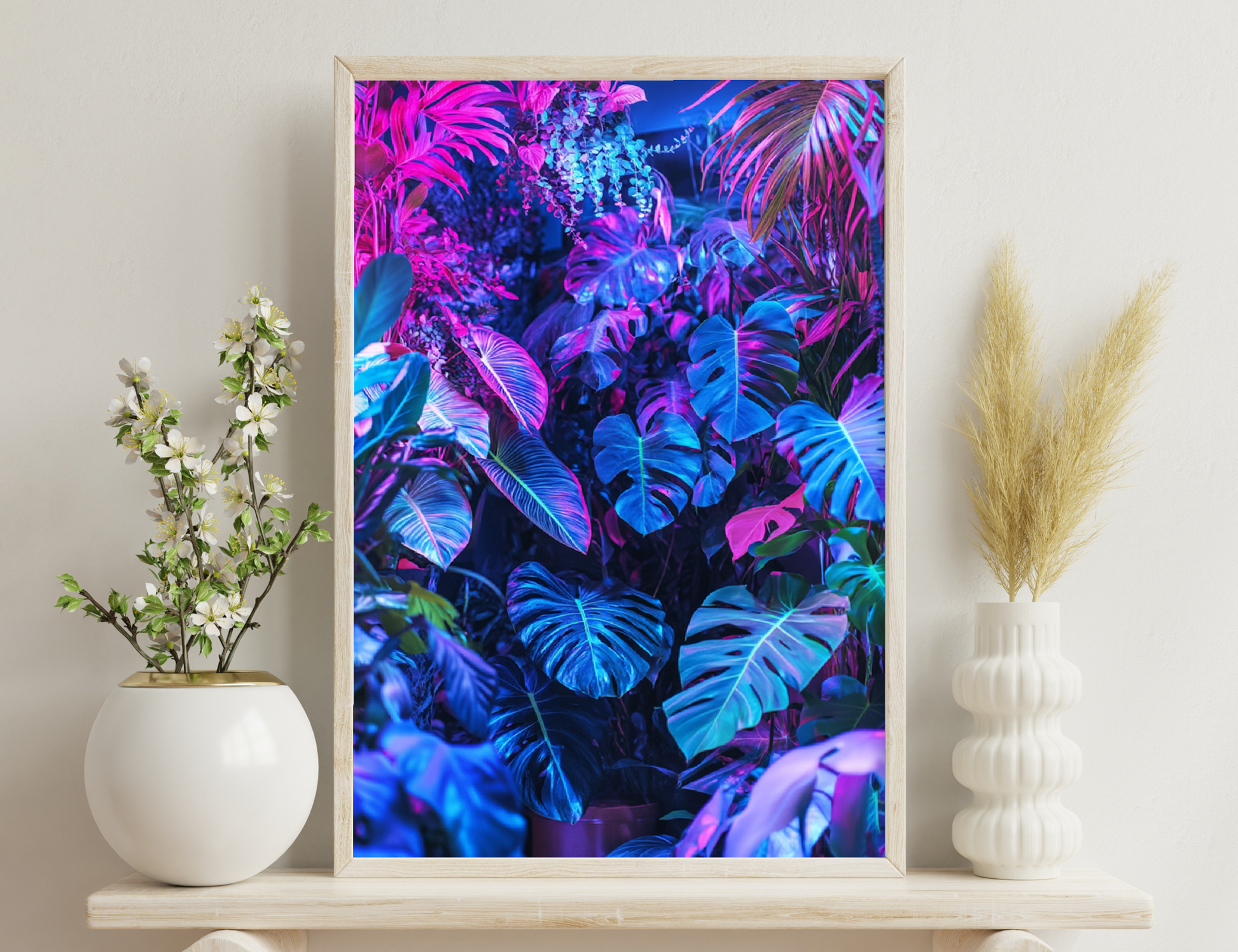 Vibrant image of lush tropical foliage in shades of pink, purple and blue, with large leaves emanating a neon glow against a dark background, creating a surreal and dreamlike atmosphere.
