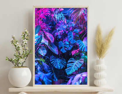 Vibrant image of lush tropical foliage in shades of pink, purple and blue, with large leaves emanating a neon glow against a dark background, creating a surreal and dreamlike atmosphere.
