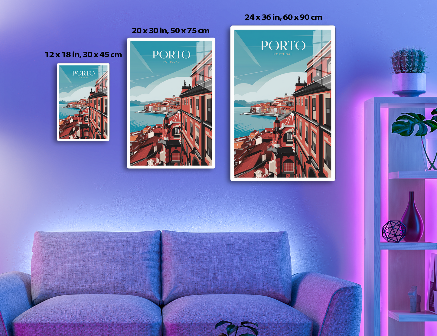 Porto, Portugal travel poster illustration. Iconic red-tiled rooftops of Porto's colorful riverside buildings overlooking the Douro River with boats in the blue water against a cloudy sky.
