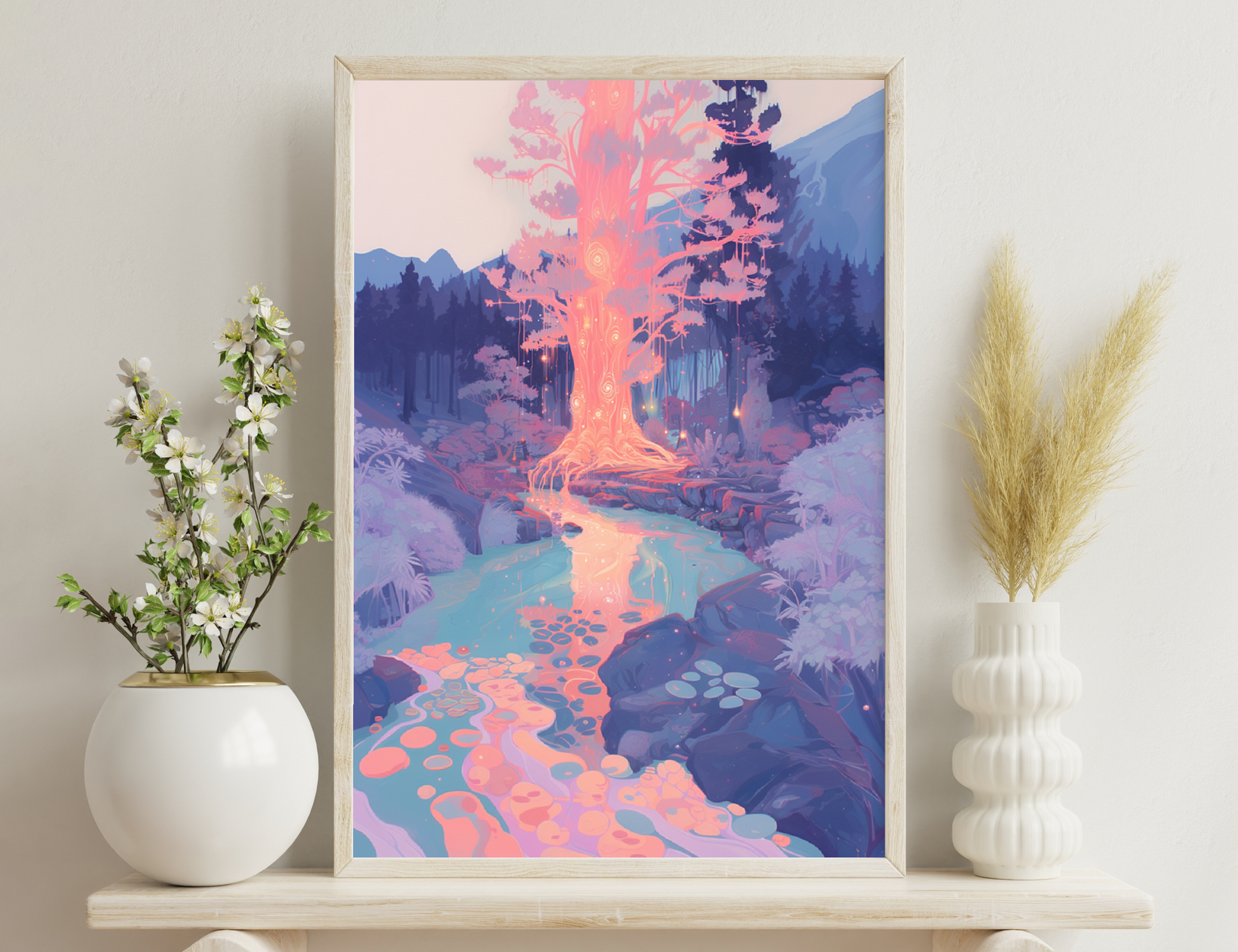 A vibrant, stylized landscape with a glowing, spiraling tree in the center, reflecting in a crystalline stream surrounded by fantastical plants and mushrooms against a mountainous backdrop with a warm sunset sky.
