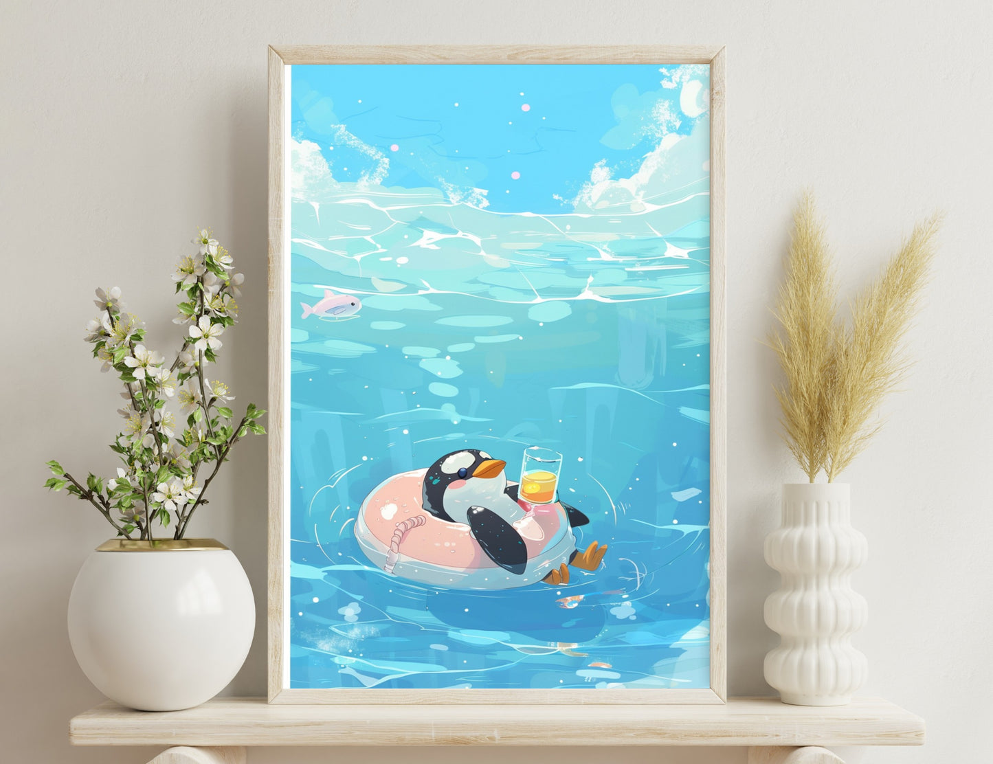 A puffin relaxes on an inflatable pool float in the ocean, sipping a drink while a fish swims nearby under the blue water's surface with scattered bubbles.

