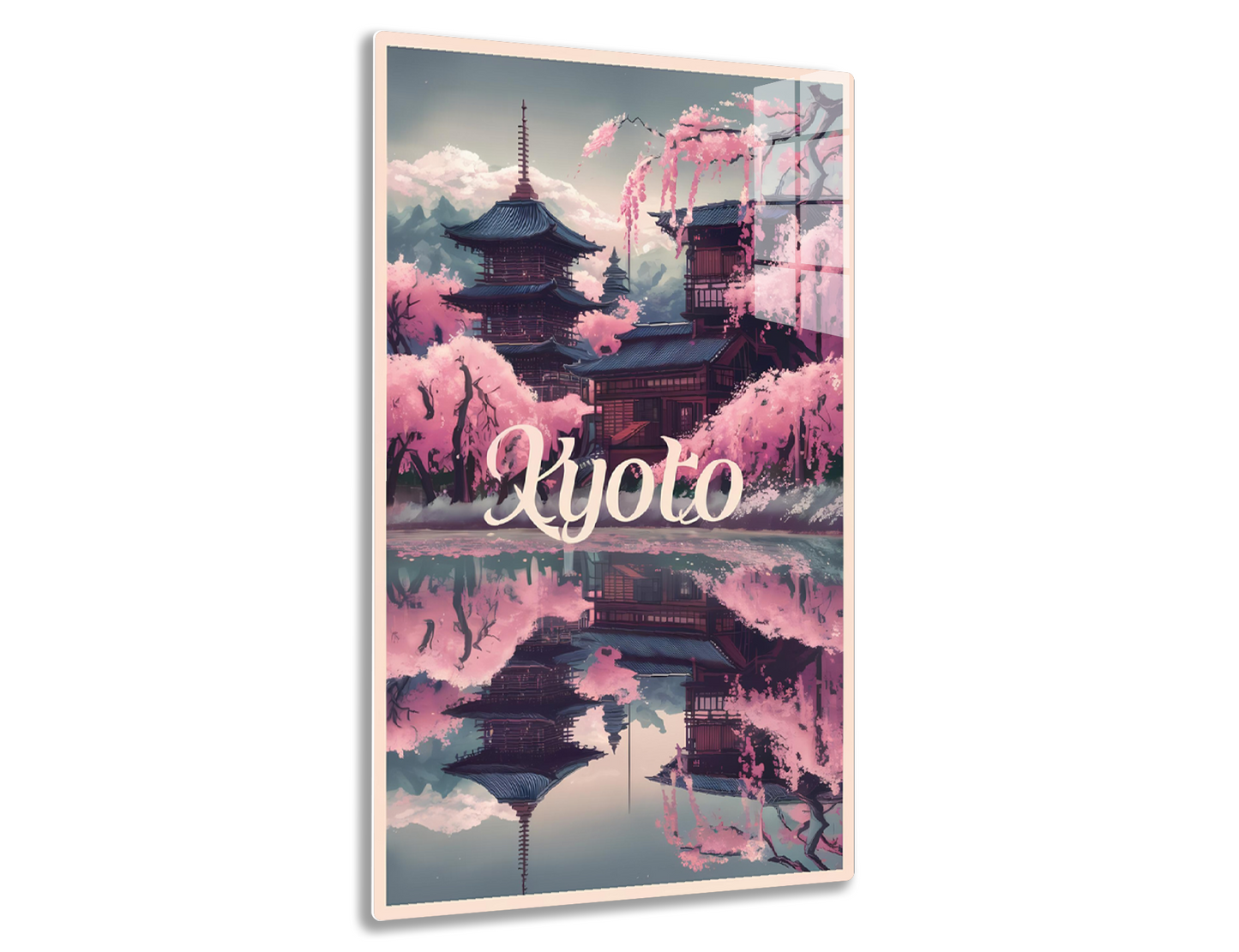 A stylized Japanese landscape featuring traditional pagoda-style architecture amidst blooming cherry blossom trees, reflected in a still lake, with mountains in the background and the text "Kyoto" prominently displayed.
