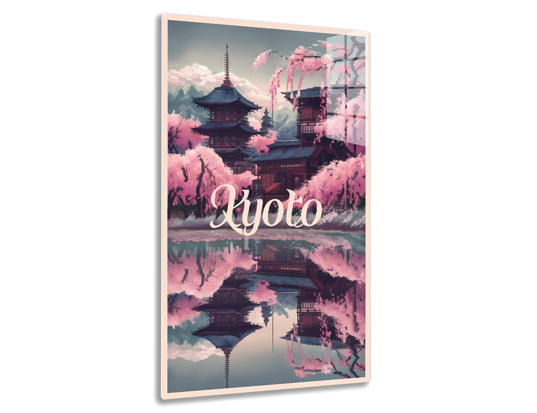 A stylized Japanese landscape featuring traditional pagoda-style architecture amidst blooming cherry blossom trees, reflected in a still lake, with mountains in the background and the text "Kyoto" prominently displayed.
