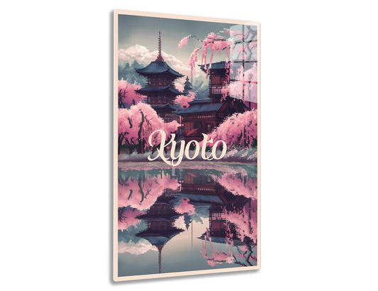 A stylized Japanese landscape featuring traditional pagoda-style architecture amidst blooming cherry blossom trees, reflected in a still lake, with mountains in the background and the text "Kyoto" prominently displayed.

